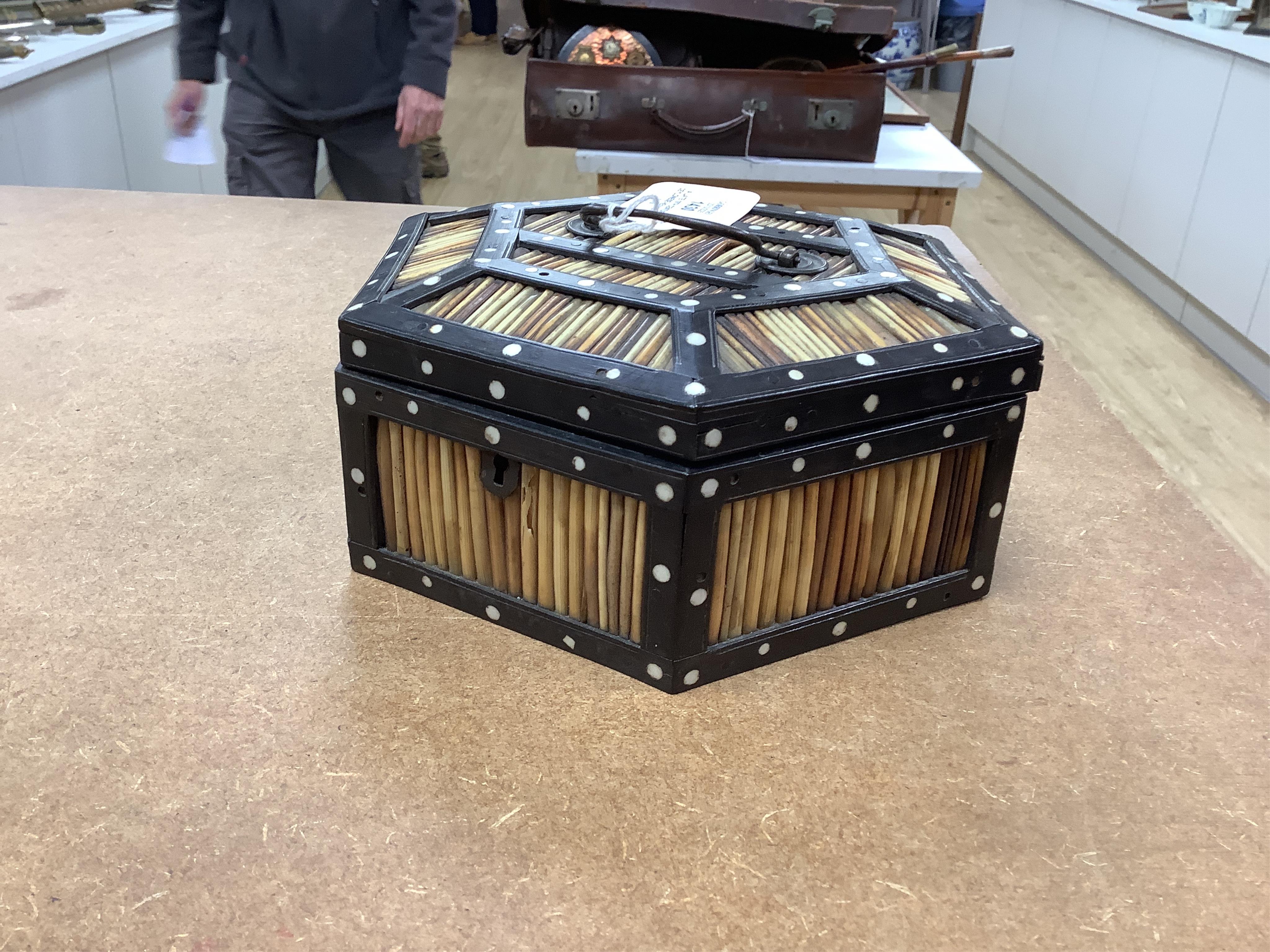 A late 19th century Ceylonese hexagonal quill box with bone inlay, 21cm wide